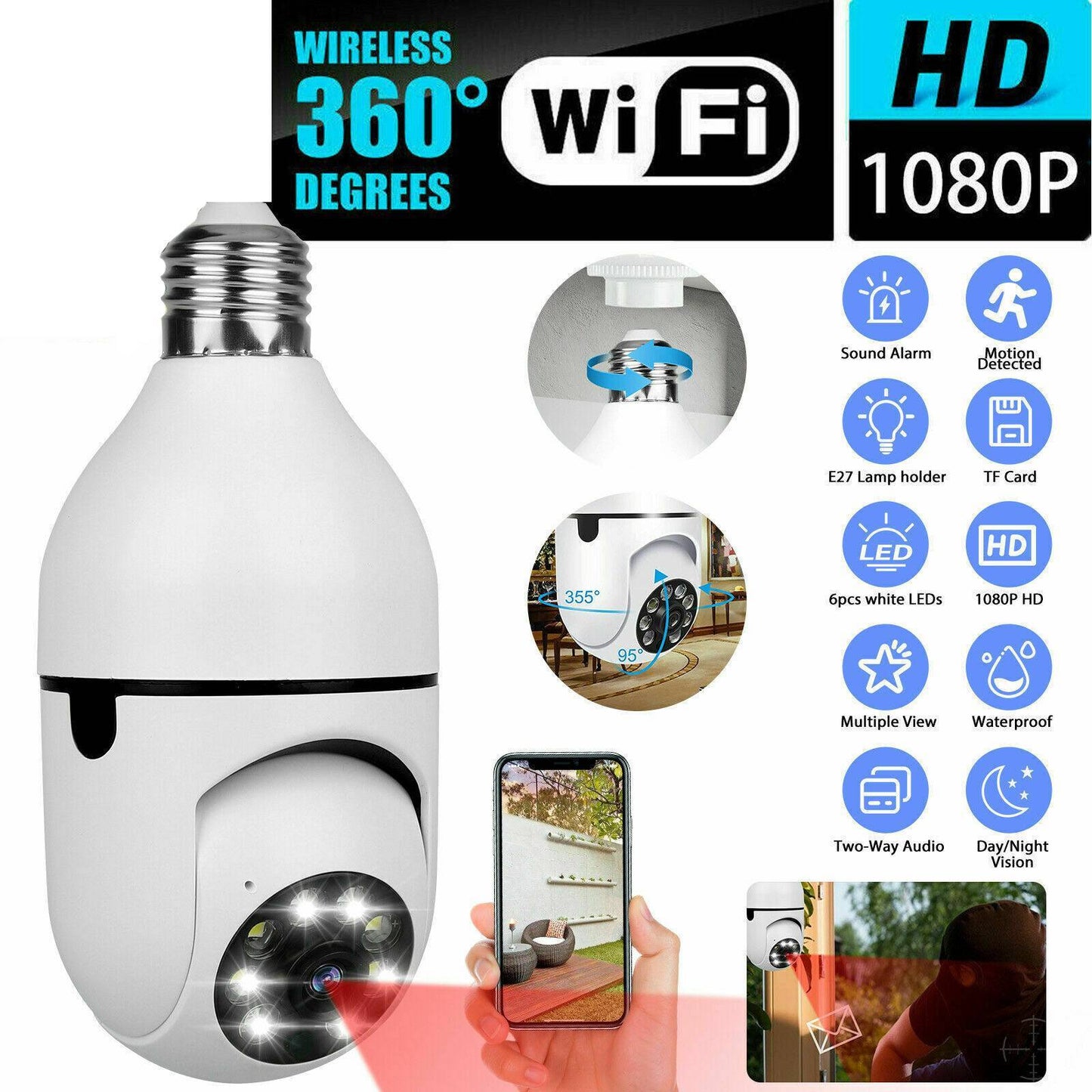 IR E27 Light Bulb Camera 1080P HD Wireless Wifi Smart Home Security Camera